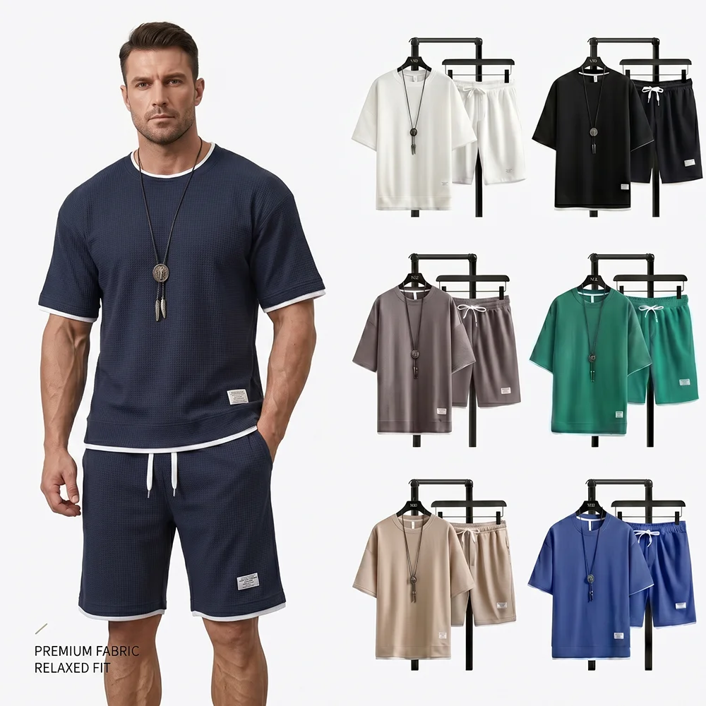 Streetwear Brand Shorts - 여름 남성용 와플 니트 트랙슈트 오버사이즈