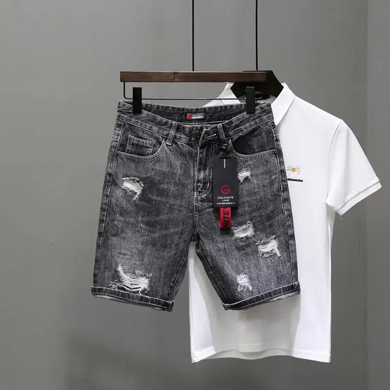 Streetwear Brand Shorts - 남성용 찢어진 짧은 청바지 바지, 블랙