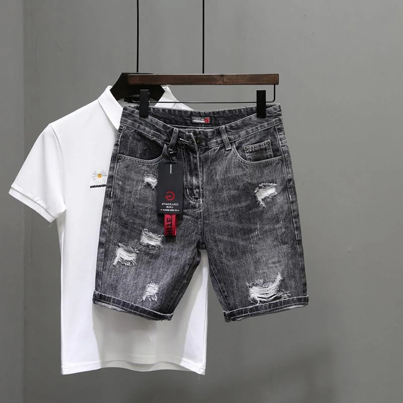 남성용 찢어진 짧은 청바지 바지, 블랙 그레이, 남성  - Streetwear Brand Shorts 리뷰 및 가격